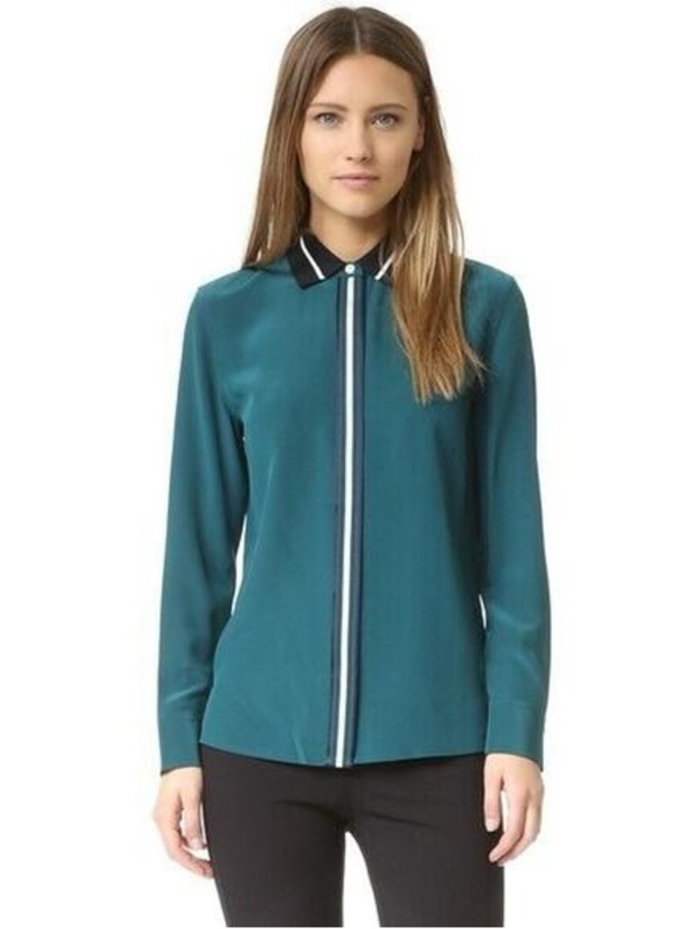 rag & bone silk Teal Button-Down Shirt with Black Contrast Collar